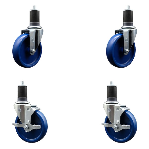 5'' Solid Poly Wheel Swivel 1-5/8'' Expanding Stem Caster Set 2 Brakes, 4PK